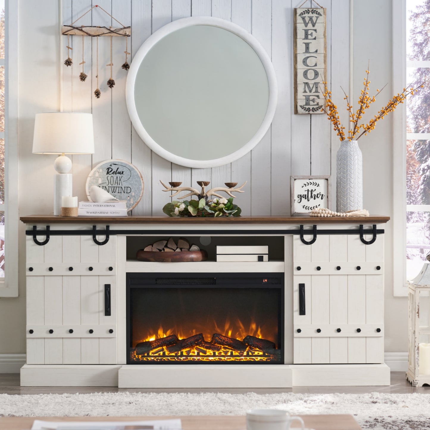 OKD Farmhouse 70" Fireplace TV Stand for TVs up to 80" , Entertainment Center with 30" Electric Fireplace, Dark Rustic Oak