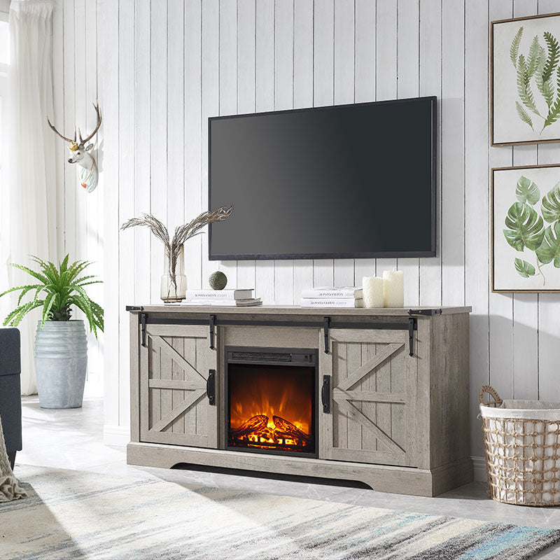 OKD Industrial Farmhouse TV Stand with 18 Inch Electric Fireplace, Up to 65+ Inch TV