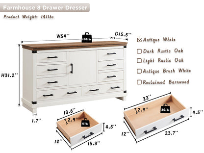 OKD Farmhouse 8 Drawer Dresser for Bedroom, Wood Long Dresser of Drawers