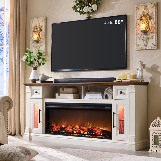 OKD Farmhouse Fireplace TV Stand up to 80'' TV, Entertainment Center with 42" Fireplace & LED Lights, Modern Media Console Table with Cabinets and Storage Drawers