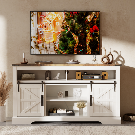 OKD Farmhouse TV Stand for TVs up to 70", Rustic Entertainment Center with Storage Cabinets & Barn Door & Adjustable Shelf for liveing Room