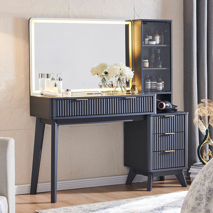 OKD Fluted Makeup Vanity Desk with Large Mirror and Lights, Glass Tabletop