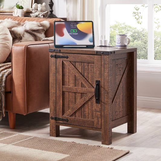 OKD End Table with Charging Station, Farmhouse Rustic Wood Side Table for Living Room, Bedroom,