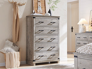 OKD Farmhouse 5 Drawers Chest for Bedroom, Wood Tall Chest of Drawers