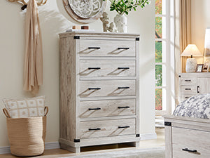 OKD Farmhouse 5 Drawers Chest for Bedroom, Wood Tall Chest of Drawers