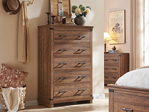 OKD Farmhouse 5 Drawers Chest for Bedroom, Wood Tall Chest of Drawers