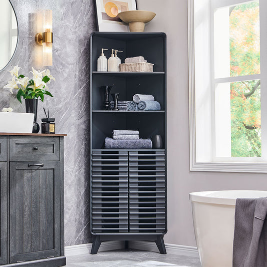 OKD Modern Corner Bathroom Cabinet 68" Tall - Adjustable Shelves Storage Organizer with Slatted Door