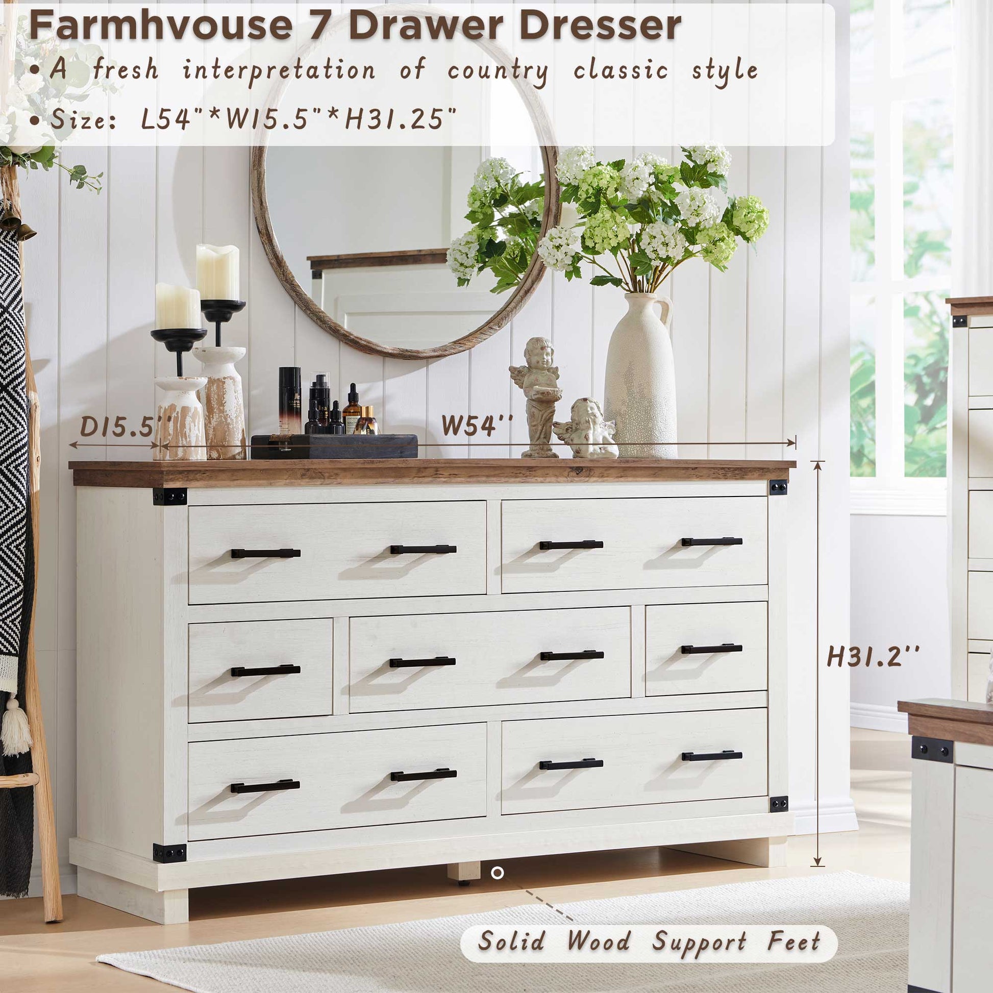 OKD Farmhouse 7 Drawers Double Dresser for Bedroom, Wood Large Dresser of Drawers OKD Farmhouse 7 Drawers Double Dresser for Bedroom, Wood Large Dresser of Drawers