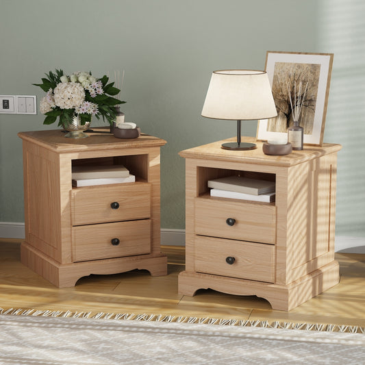 OKD Nightstan with Charging Station, Rustic End Table with 2 Drawers Farmhouse Side Table with 3-tier Storage Space Bedside Cabinet for Bedroom Living Room