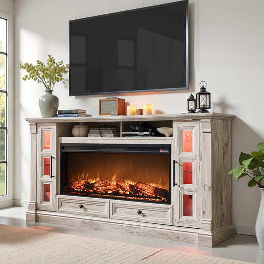 OKD Fireplace TV Stand for up to 80" TVs, 36"H Farmhouse Entertainment Center with 42" Electric Fireplace, LED Lights & Glass Door Cabinets