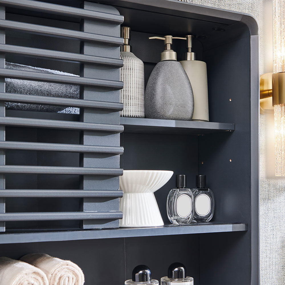 OKD Bathroom Wall Cabinet, Mid-Century Wall Mounted Storage Cabinet with Slatted Sliding Door, Adjustable Shelf