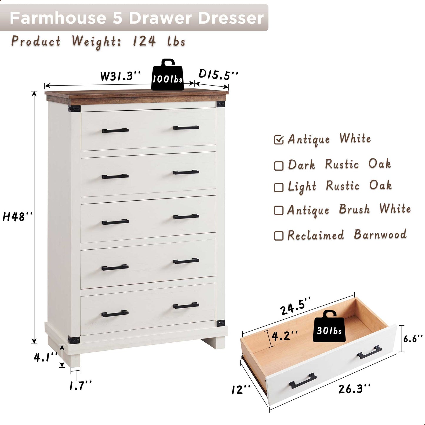 OKD Farmhouse 5 Drawers Chest for Bedroom, Wood Tall Chest of Drawers