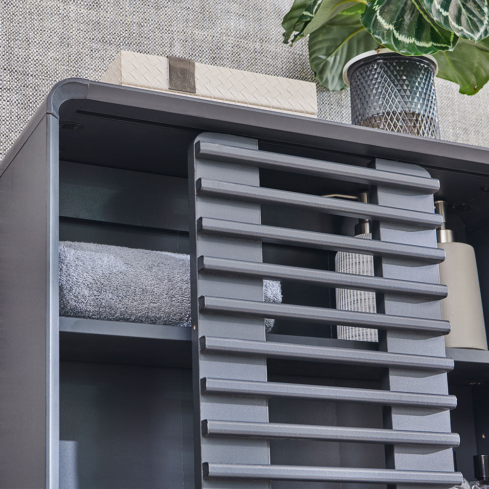 OKD Bathroom Wall Cabinet, Mid-Century Wall Mounted Storage Cabinet with Slatted Sliding Door, Adjustable Shelf