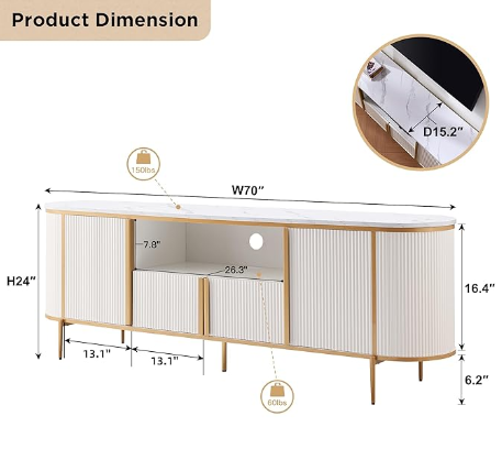 OKD Luxury 70 inch Fluted TV Stand, Modern Entertainment Center with Faux Marble Top