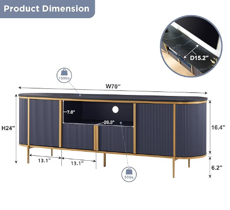 OKD Luxury 70 inch Fluted TV Stand, Modern Entertainment Center with Faux Marble Top