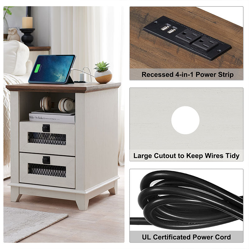 OKD  Farmhouse 2 Drawers Nightstand with Charging Station and Open Cubby