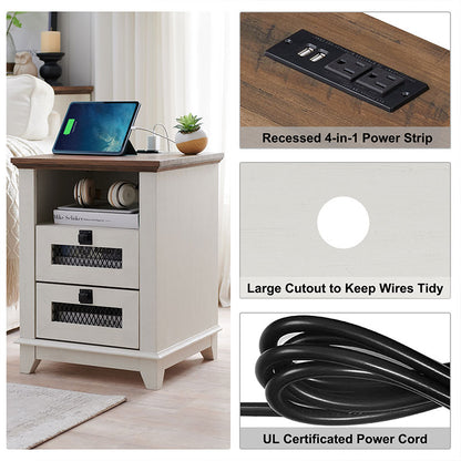 OKD  Farmhouse 2 Drawers Nightstand with Charging Station and Open Cubby