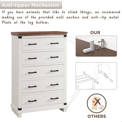 OKD Farmhouse 5 Drawers Chest for Bedroom, Wood Tall Chest of Drawers