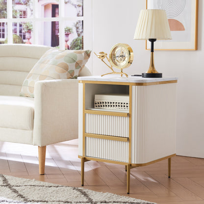 OKD Modern Chic Fluted Nightstand Luxury with Charging Station, End Table/Bed Side Table w/2 Drawers, Faux Marble Tabletop