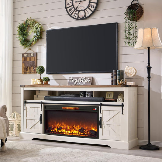 OKD Farmhouse Fireplace TV Stand for 80" TV, Highboy Entertainment Center with 36" Electric Fireplace, Media Console with Sliding Barn Door for Living Room