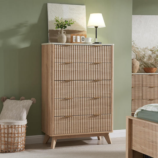 OKD 5 Drawer Dresser for Bedroom with Faux Marble Top, Modern Wood Chest of Drawers, Dresser Organizer