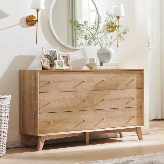 OKD Mid Centry Modern 6 Drawer Dresser for Bedroom, Living Room, Hallway, Kids Bedroom,54'' wood dresser