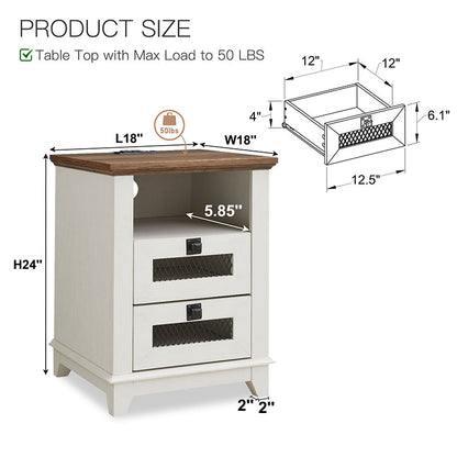 OKD  Farmhouse 2 Drawers Nightstand with Charging Station and Open Cubby