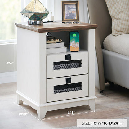 OKD  Farmhouse 2 Drawers Nightstand with Charging Station and Open Cubby