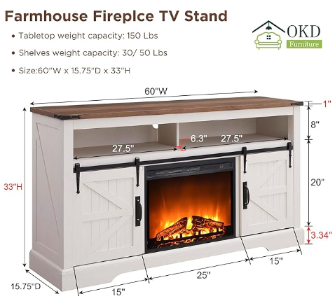 OKD Farmhouse Fireplace TV Stand, Farmhouse Entertainment Center with 23 Inch Electric Fireplace