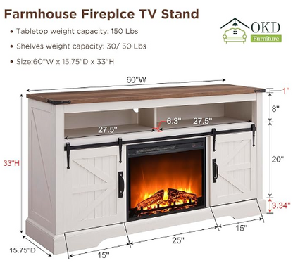 OKD Farmhouse Fireplace TV Stand, Farmhouse Entertainment Center with 23 Inch Electric Fireplace