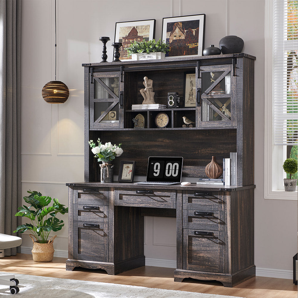 OKD 60 inch Farmhouse Desk with Hutch, Wood Home Office Executive Desk with Drawer and Charging Station