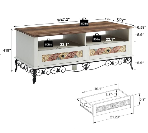 OKD 48" Boho Coffee Table with 2 Draw , Rustic Medieval Bohemian Coffee Table