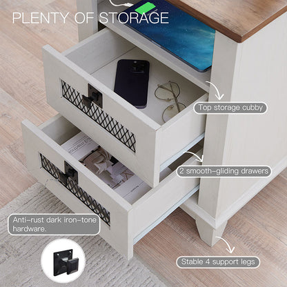 OKD  Farmhouse 2 Drawers Nightstand with Charging Station and Open Cubby