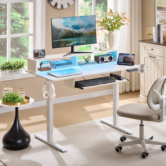 OKD Electric Standing Desk with Keyboard Tray, Power Outlets, LED Lights & Monitor Shelf, Height Adjustable Sit-Stand Desk for Home Office & Gaming