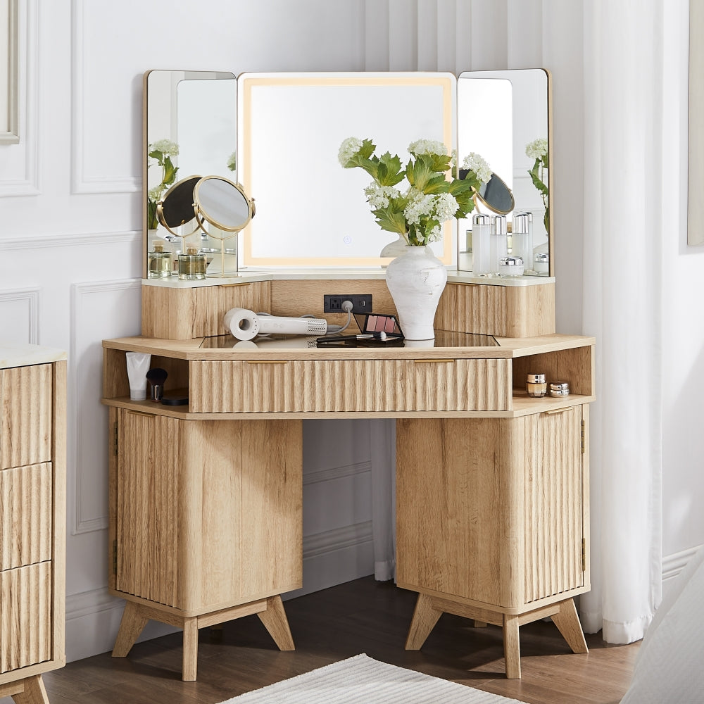 OKD Modern Fluted Corner Vanity Desk, 48" Corner Makeup Vanity Desk with 3 Way Smart Mirror and Lights, Oak Vanity Desk with Charging Station and 3 Drawers & Shelves for Bedroom