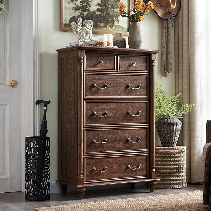 OKD Farmhouse 6 Drawers Chests for Bedroom, Tall Wood Rustic Chest of Drawers