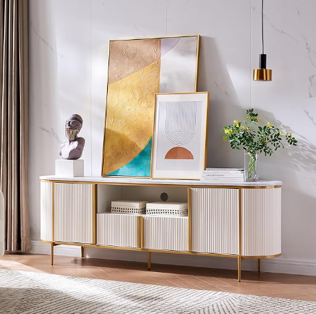 OKD Luxury 70 inch Fluted TV Stand, Modern Entertainment Center with Faux Marble Top