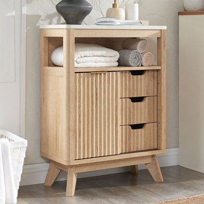 OKD Fluted Bathroom Floor Cabinet with Sliding Door, 3 Drawers Storage Organizer