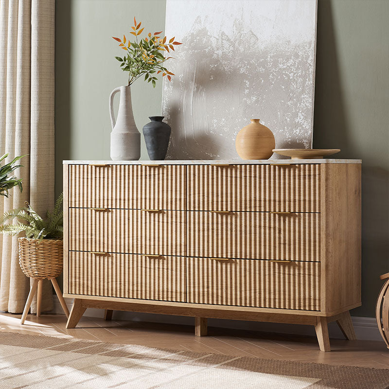 OKD Modern Fluted 6 Drawers Dresser with Faux Marble Top