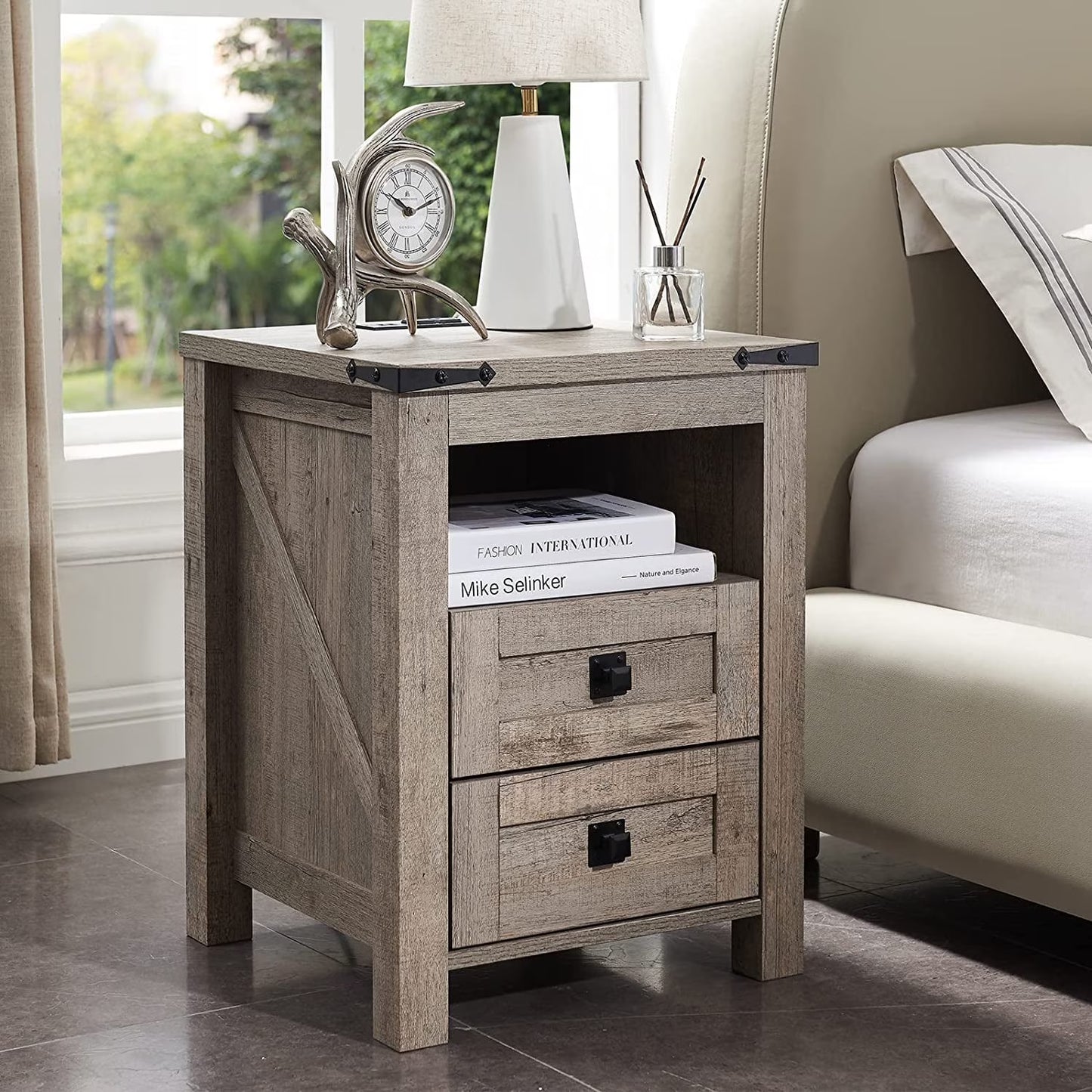 OKD Farmhouse 2-Drawer Nightstand with Charging Station for Bedroom, Rustic End Tables for Living Room