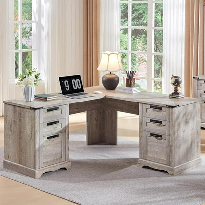 OKD 60" L-Shaped Executive Office Desk, Farmhouse Rustic Computer Writing Desk with 3 Drawers, File Cabinet & Charging Station, Home Office Corner Workstation