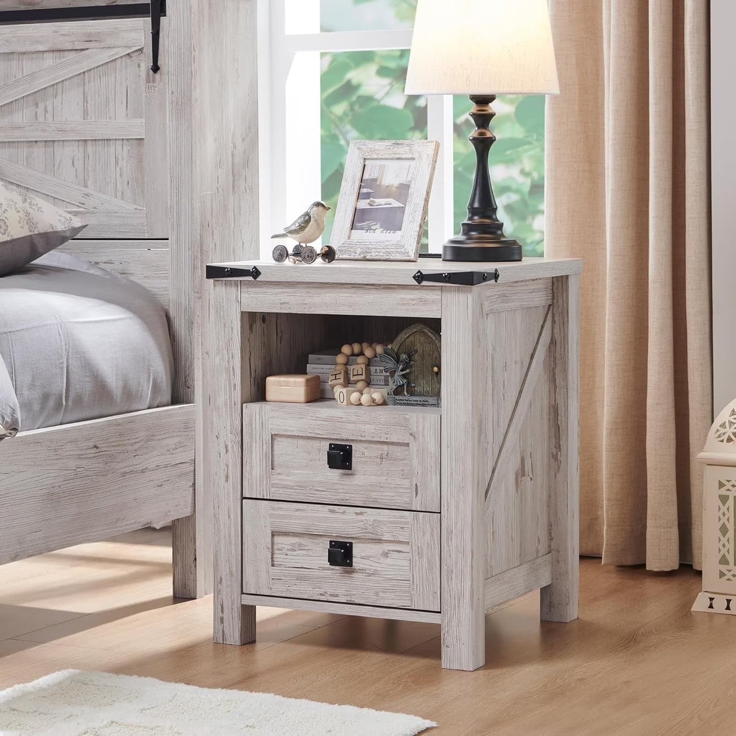 OKD Farmhouse 2-Drawer Nightstand with Charging Station for Bedroom, Rustic End Tables for Living Room