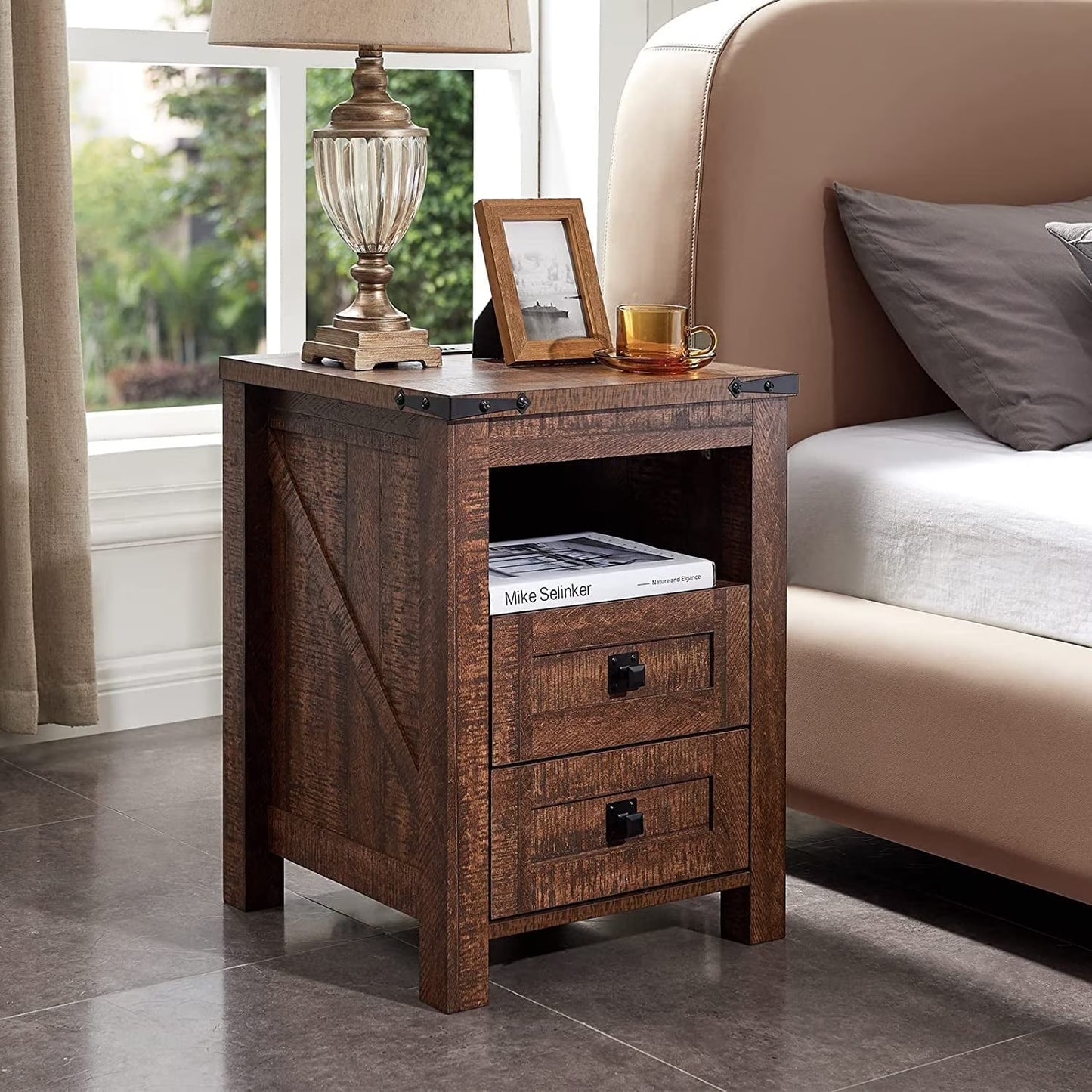 OKD Farmhouse 2-Drawer Nightstand with Charging Station for Bedroom, Rustic End Tables for Living Room