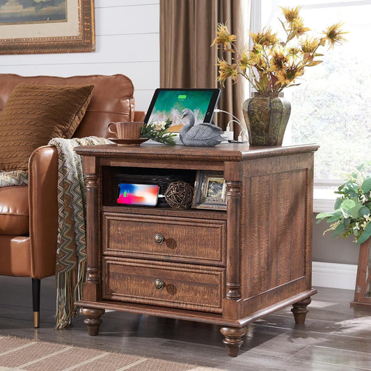 OKD Farmhouse 24" Side Table With 2 Drawers End Table with Charging Station