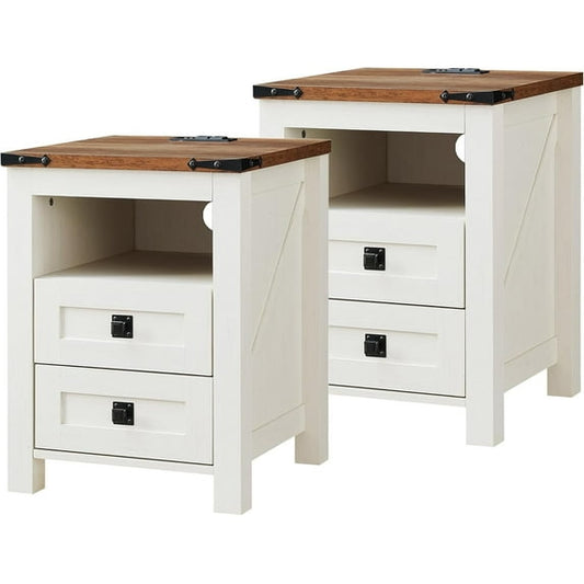 OKD Farmhouse Nightstand Set of 2 with Charging Station, 2-Drawer End Table