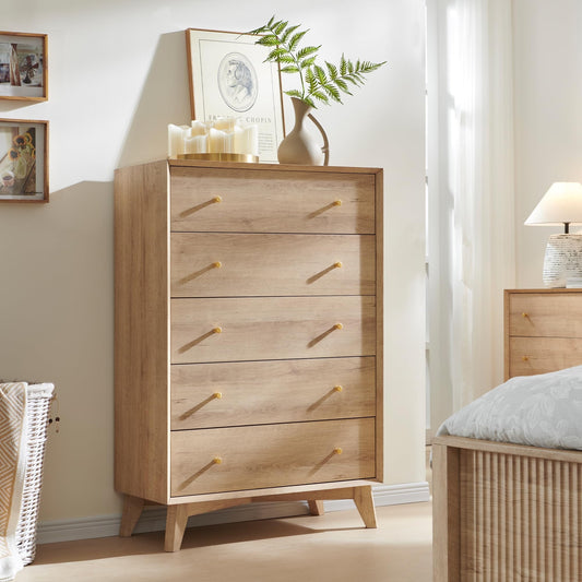 OKD Mid-Centry Modern 5 Drawer Chest, 48" Dresser for Bedroom,Living Room, Hallway, Kids Bedroom, Wood and Metal Storage Organizer, Natural Oak