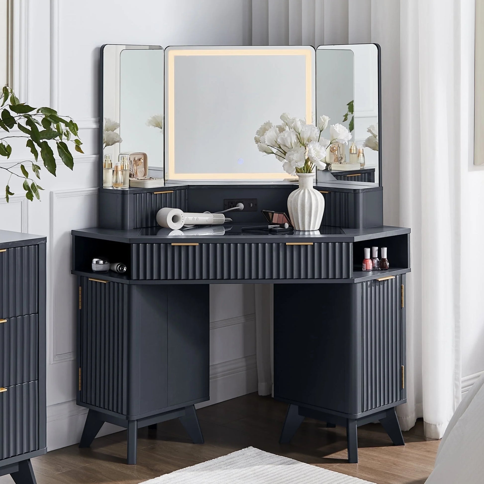 corner dressing table black Amazon.com: REALN Corner Dressing Table Makeup Desk with 3 Color Lighting Options, Brightness Adjustable, Vanity Table with 5 Drawers, Vanity Stool, Corner Vanity for Women Girls : Home & Kitchen