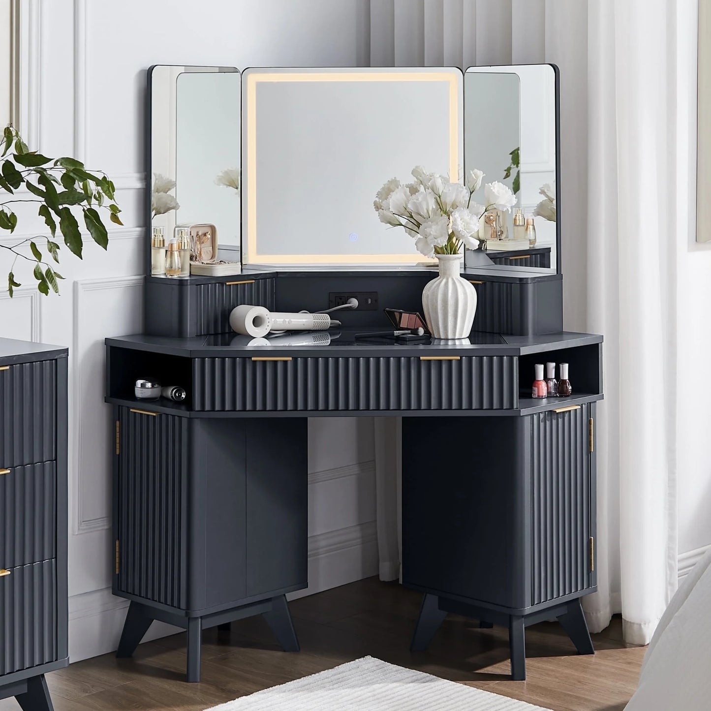 OKD Modern Fluted Corner Vanity Desk, 48" Corner Makeup Vanity Desk with 3 Way Smart Mirror and Lights, Oak Vanity Desk with Charging Station and 3 Drawers & Shelves for Bedroom