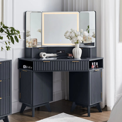 OKD Modern Fluted Corner Vanity Desk, 48" Corner Makeup Vanity Desk with 3 Way Smart Mirror and Lights, Oak Vanity Desk with Charging Station and 3 Drawers & Shelves for Bedroom