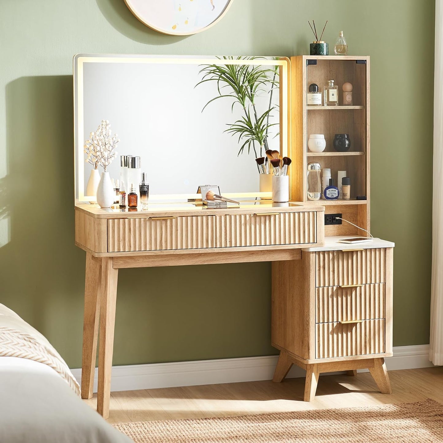 OKD Vanity Table with Mirror and Lights ,Modern Dressing Table 5 Drawers & Adjustable Shelves,Charging Station for Bedroom